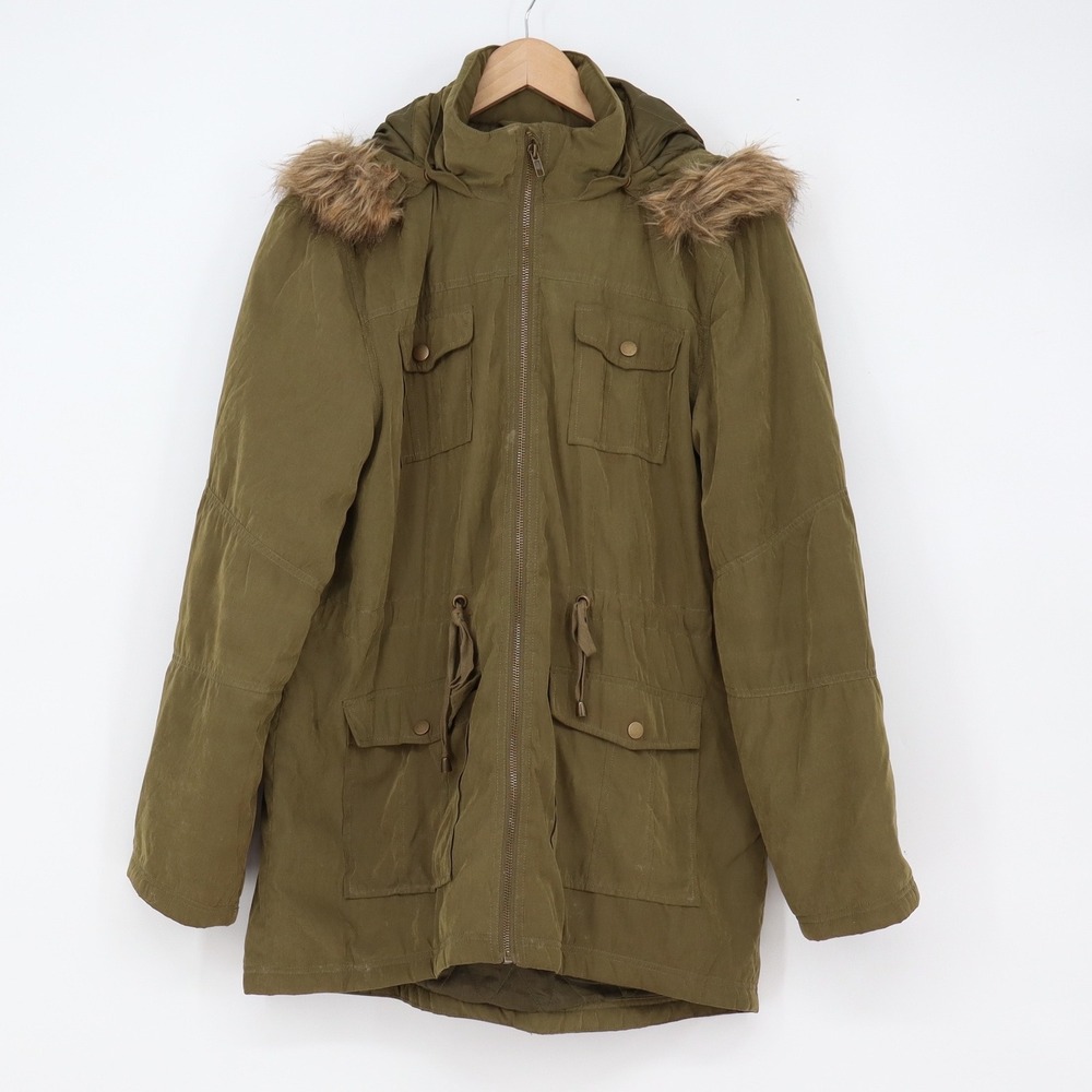Shinestar Parka Women L Olive Green Faux Fur Trim Hooded Jacket